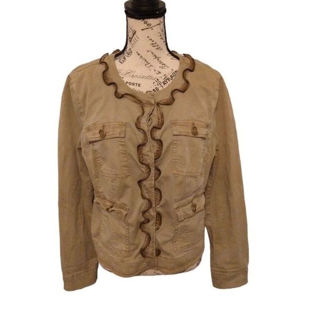 Michael kors  ruffled zipper jacket Sz 14 olive green Boho Feminine Classy